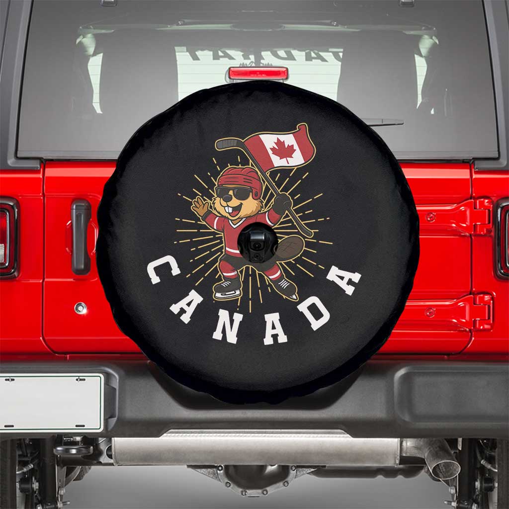 Funny Beaver Playing Ice Hockey With Canada Flag Gift Spare Tire Cover TS12 Black Print Your Wear