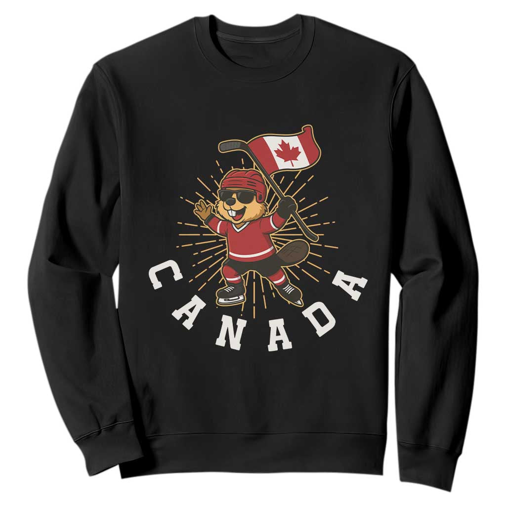 Funny Beaver Playing Ice Hockey With Canada Flag Gift Sweatshirt TS12 Black Print Your Wear
