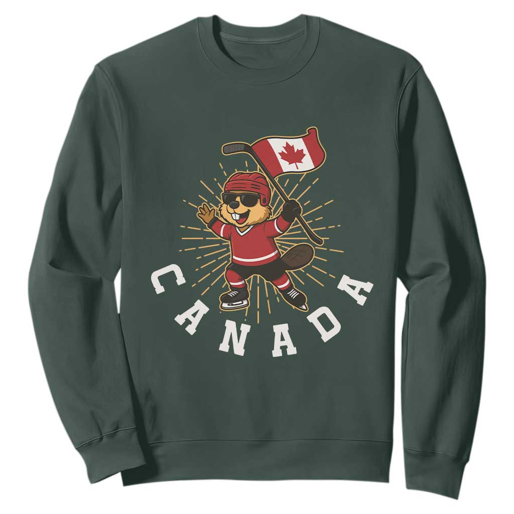 Funny Beaver Playing Ice Hockey With Canada Flag Gift Sweatshirt TS12 Dark Forest Green Print Your Wear