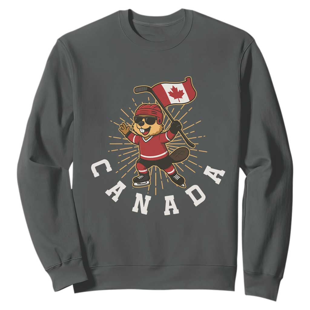 Funny Beaver Playing Ice Hockey With Canada Flag Gift Sweatshirt TS12 Dark Heather Print Your Wear