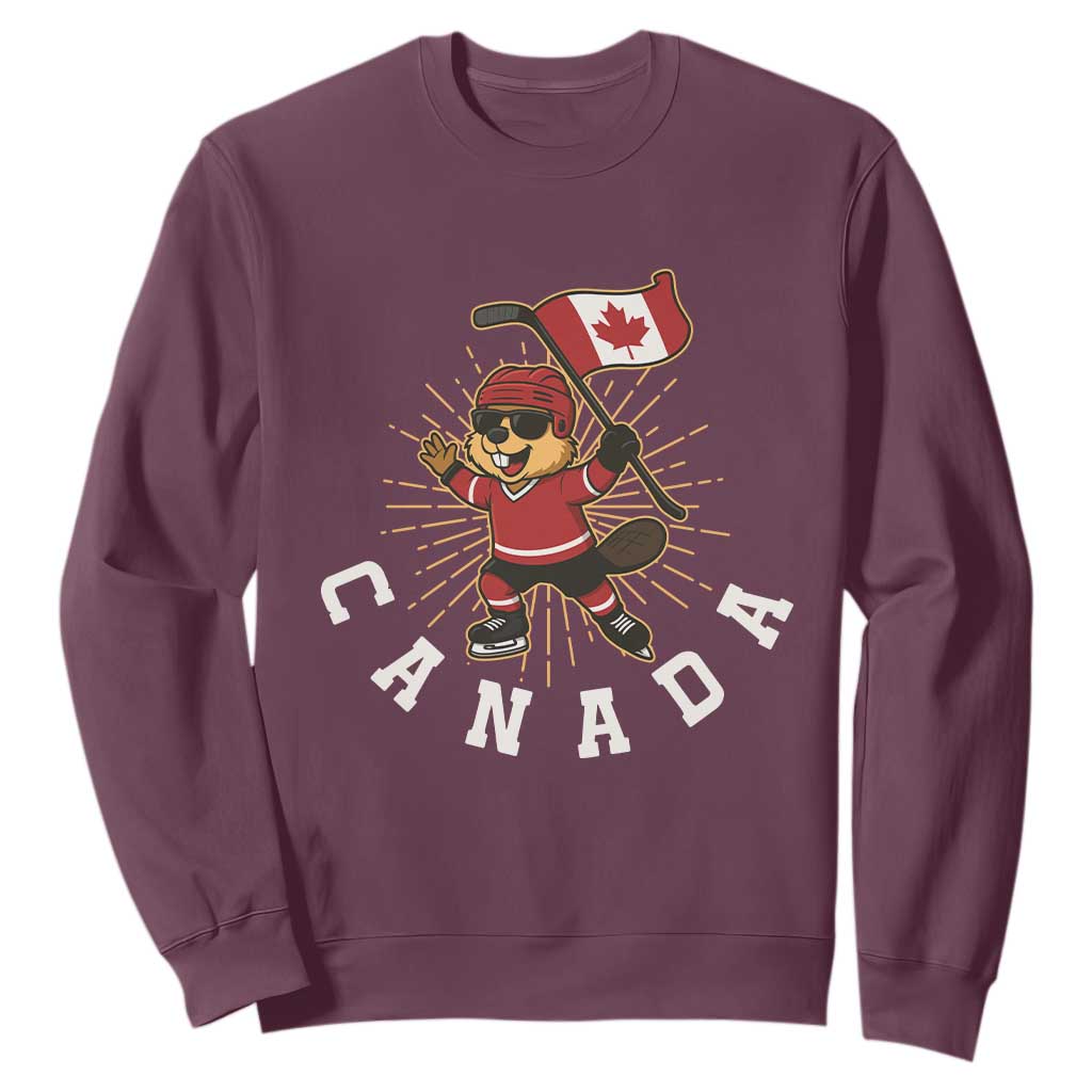 Funny Beaver Playing Ice Hockey With Canada Flag Gift Sweatshirt TS12 Maroon Print Your Wear