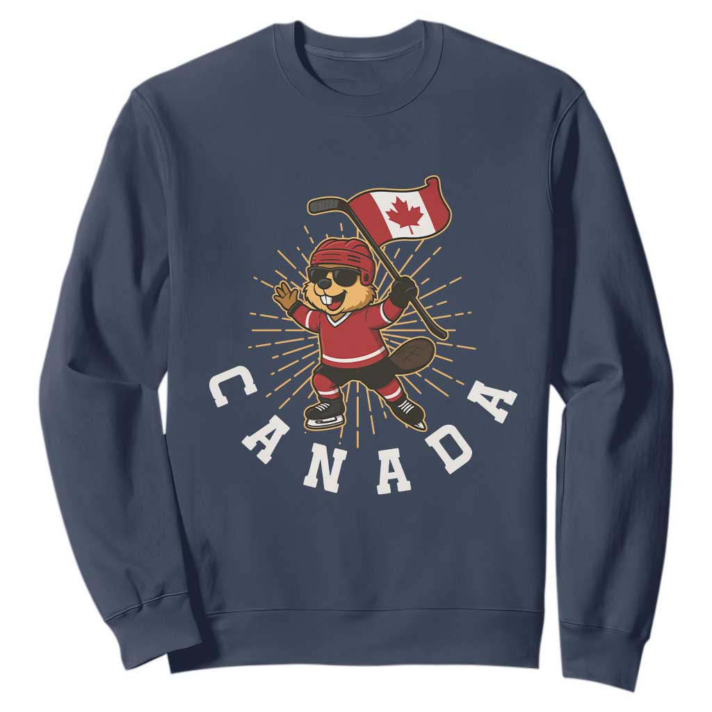 Funny Beaver Playing Ice Hockey With Canada Flag Gift Sweatshirt TS12 Navy Print Your Wear