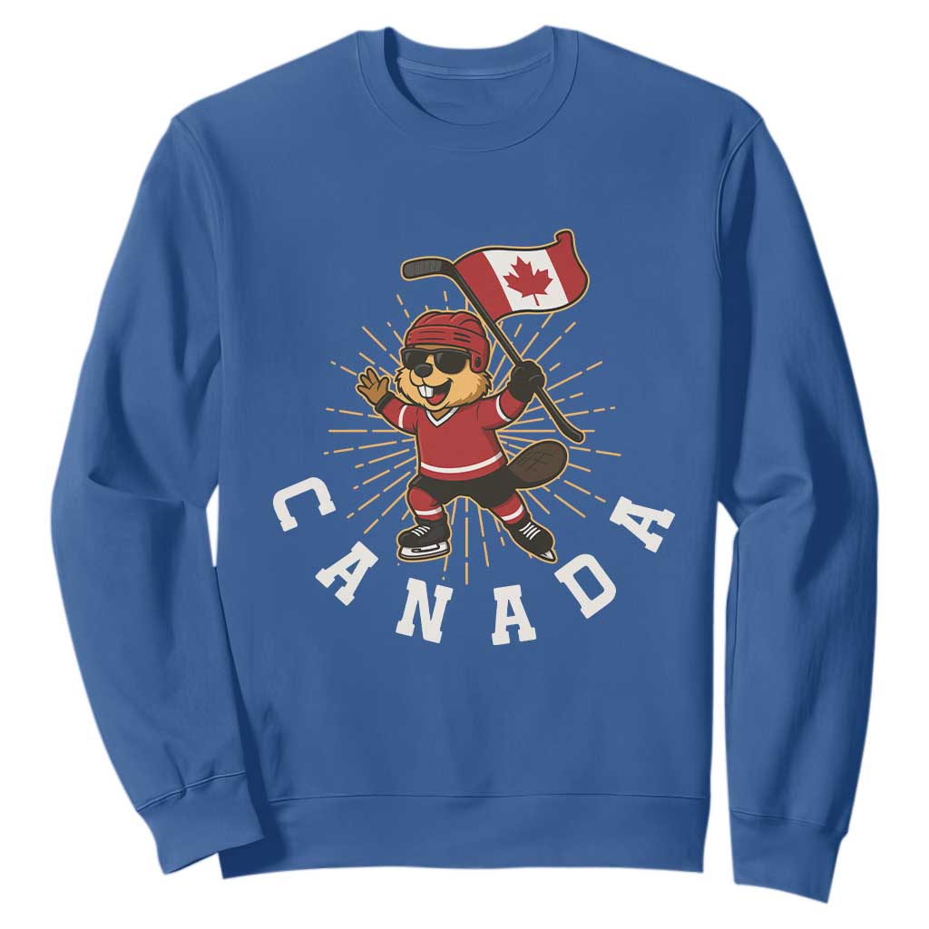 Funny Beaver Playing Ice Hockey With Canada Flag Gift Sweatshirt TS12 Royal Blue Print Your Wear