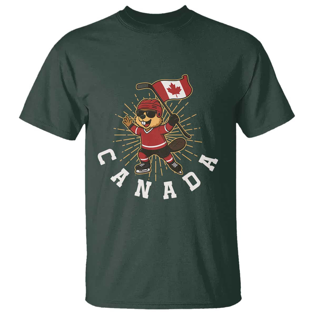 Funny Beaver Playing Ice Hockey With Canada Flag Gift T Shirt TS12 Dark Forest Green Print Your Wear