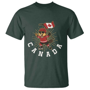 Funny Beaver Playing Ice Hockey With Canada Flag Gift T Shirt TS12 Dark Forest Green Print Your Wear