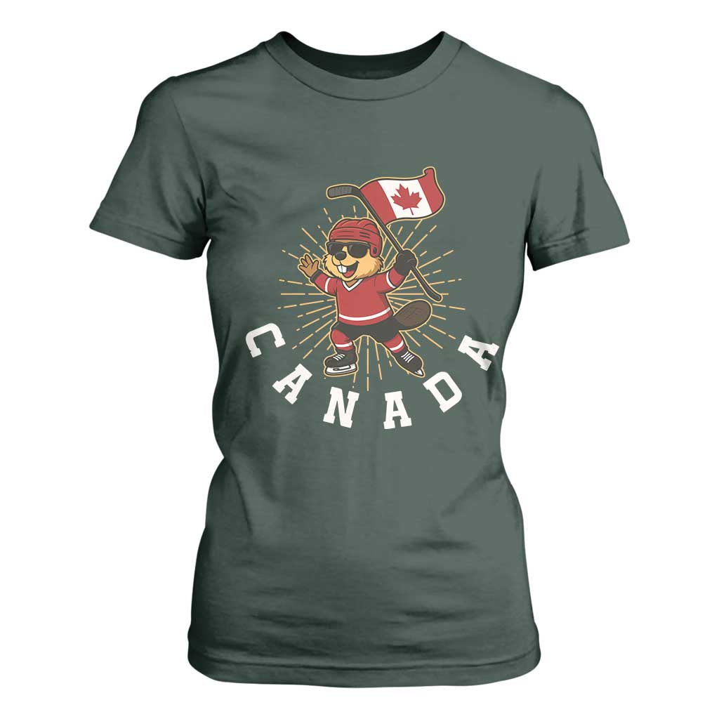 Funny Beaver Playing Ice Hockey With Canada Flag Gift T Shirt For Women TS12 Dark Forest Green Print Your Wear