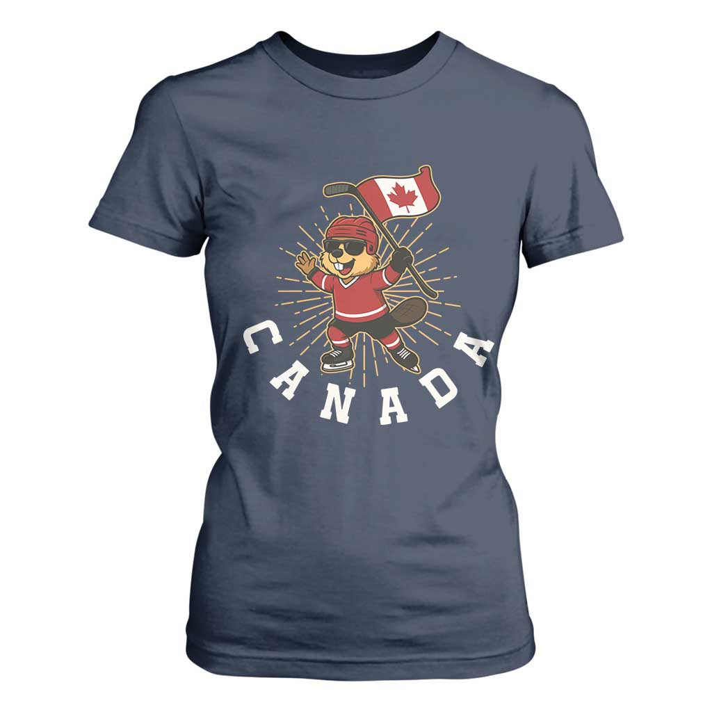 Funny Beaver Playing Ice Hockey With Canada Flag Gift T Shirt For Women TS12 Navy Print Your Wear