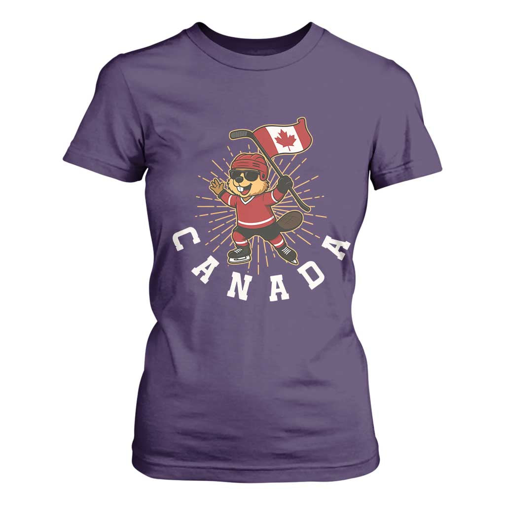 Funny Beaver Playing Ice Hockey With Canada Flag Gift T Shirt For Women TS12 Purple Print Your Wear