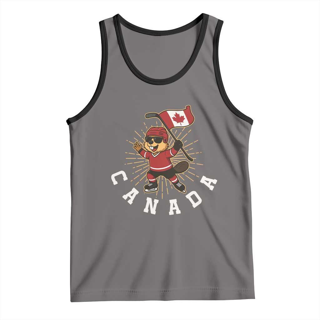Funny Beaver Playing Ice Hockey With Canada Flag Gift Tank Top TS12 Deep Heather Black Print Your Wear