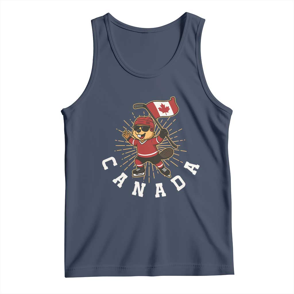Funny Beaver Playing Ice Hockey With Canada Flag Gift Tank Top TS12 Navy Print Your Wear