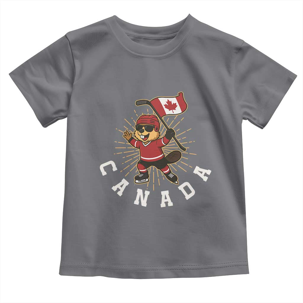 Funny Beaver Playing Ice Hockey With Canada Flag Gift Toddler T Shirt TS12 Charcoal Print Your Wear
