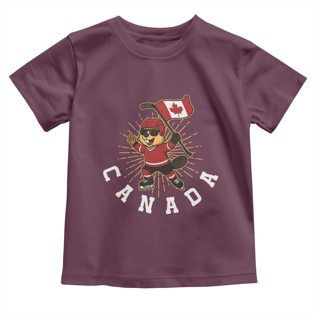 Funny Beaver Playing Ice Hockey With Canada Flag Gift Toddler T Shirt TS12 Maroon Print Your Wear