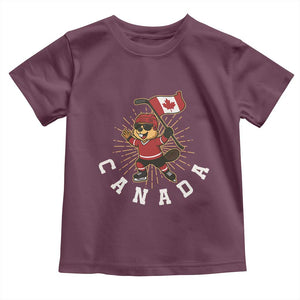 Funny Beaver Playing Ice Hockey With Canada Flag Gift Toddler T Shirt TS12 Maroon Print Your Wear