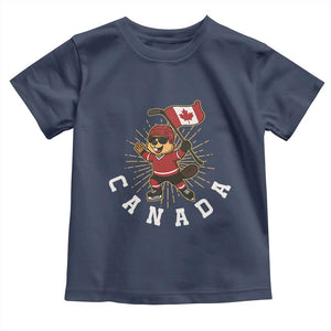 Funny Beaver Playing Ice Hockey With Canada Flag Gift Toddler T Shirt TS12 Navy Print Your Wear