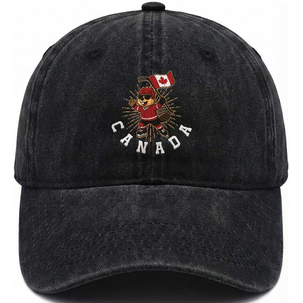 Funny Beaver Playing Ice Hockey With Canada Flag Gift Washed Cotton Baseball Cap TS12 Print Your Wear