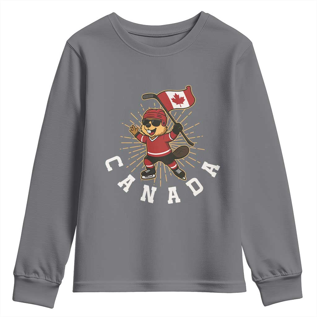 Funny Beaver Playing Ice Hockey With Canada Flag Gift Youth Sweatshirt TS12 Charcoal Print Your Wear