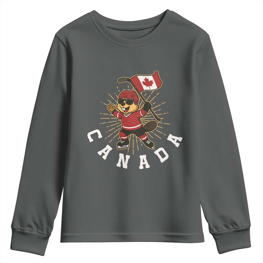 Funny Beaver Playing Ice Hockey With Canada Flag Gift Youth Sweatshirt TS12 Dark Heather Print Your Wear
