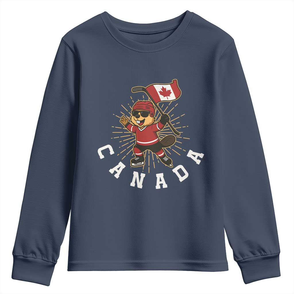 Funny Beaver Playing Ice Hockey With Canada Flag Gift Youth Sweatshirt TS12 Navy Print Your Wear