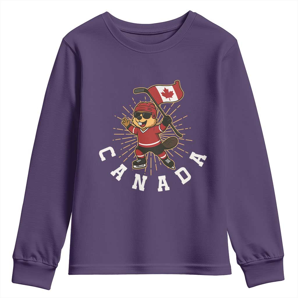 Funny Beaver Playing Ice Hockey With Canada Flag Gift Youth Sweatshirt TS12 Purple Print Your Wear