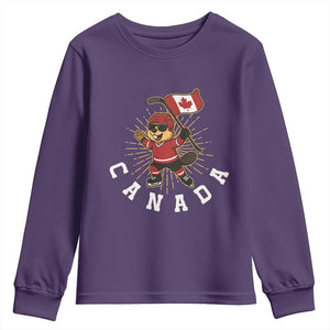 Funny Beaver Playing Ice Hockey With Canada Flag Gift Youth Sweatshirt TS12 Purple Print Your Wear
