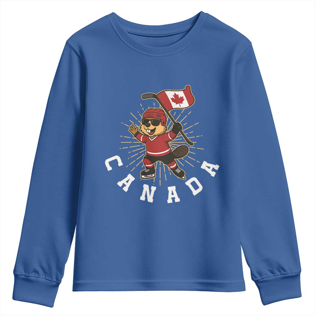 Funny Beaver Playing Ice Hockey With Canada Flag Gift Youth Sweatshirt TS12 Royal Blue Print Your Wear