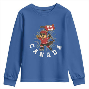 Funny Beaver Playing Ice Hockey With Canada Flag Gift Youth Sweatshirt TS12 Royal Blue Print Your Wear