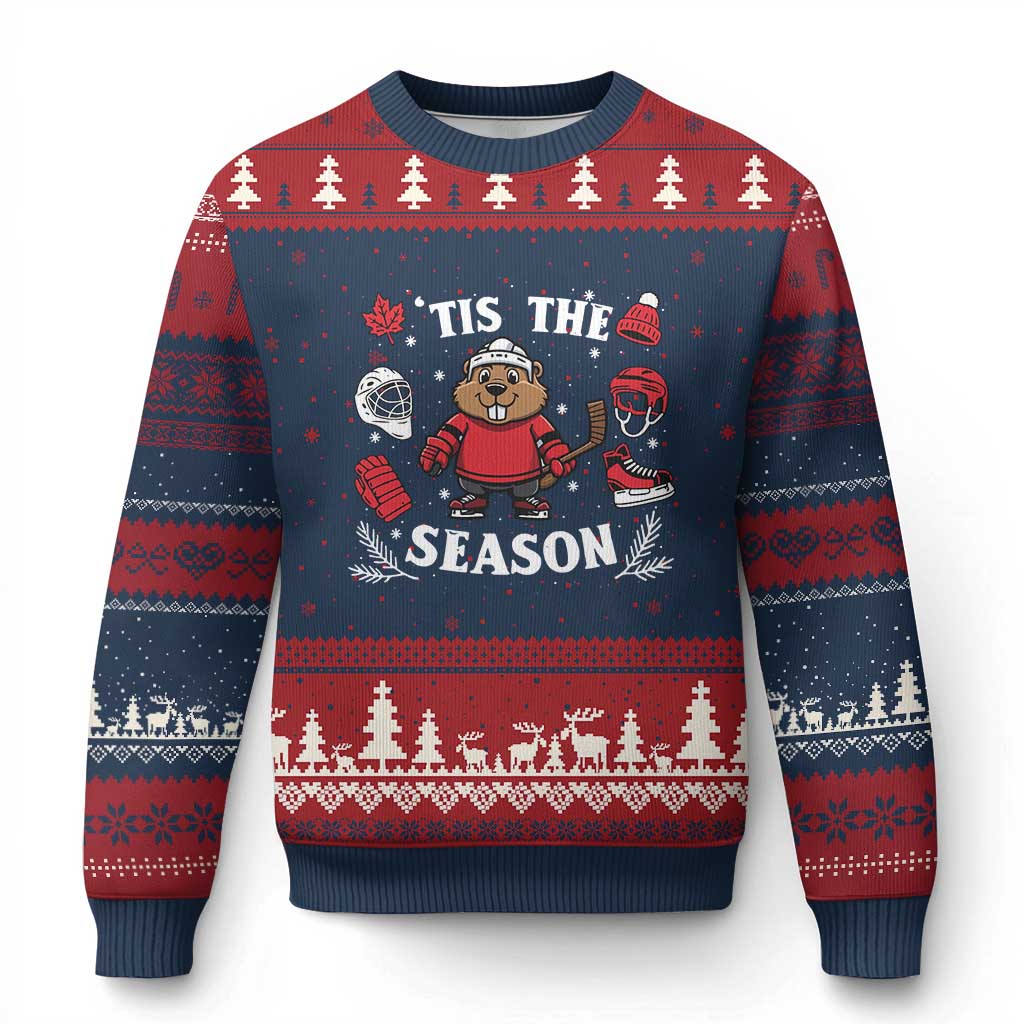 Canadian Ice Hockey Beaver Ugly Christmas Sweater Tis The Season Holiday Gift TS12 Navy Red Print Your Wear