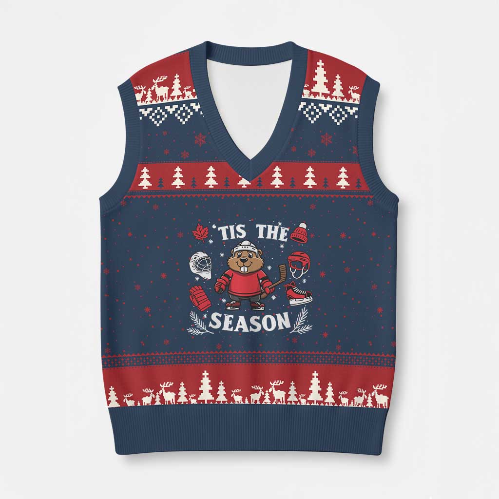 Canadian Ice Hockey Beaver V-Neck Knit Sweater Vest Tis The Season Holiday Gift TS12 Navy Red Print Your Wear