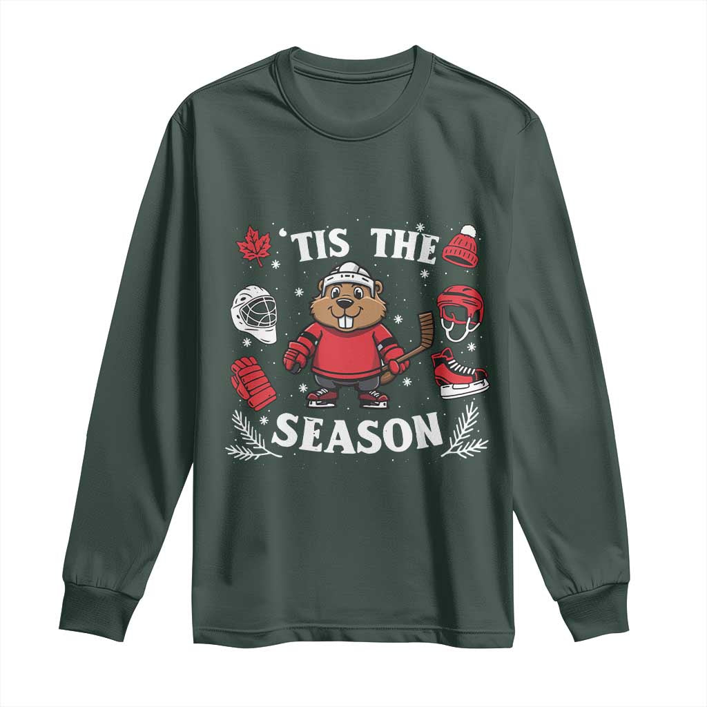 Canadian Ice Hockey Beaver Long Sleeve Shirt Tis The Season Holiday Gift TS12 Dark Forest Green Print Your Wear