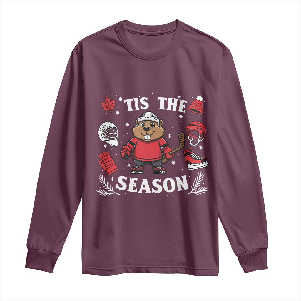 Canadian Ice Hockey Beaver Long Sleeve Shirt Tis The Season Holiday Gift TS12 Maroon Print Your Wear