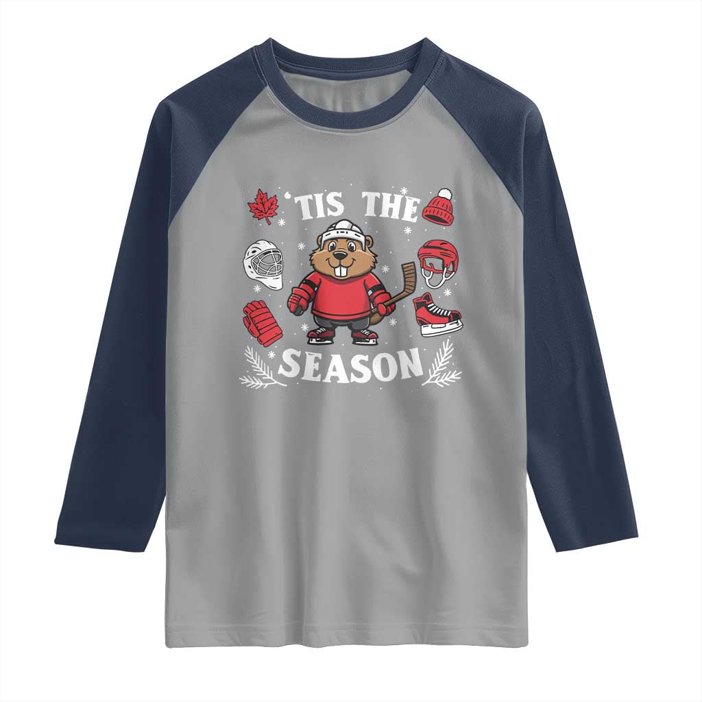Canadian Ice Hockey Beaver Raglan Shirt Tis The Season Holiday Gift TS12 Sport Gray Navy Print Your Wear