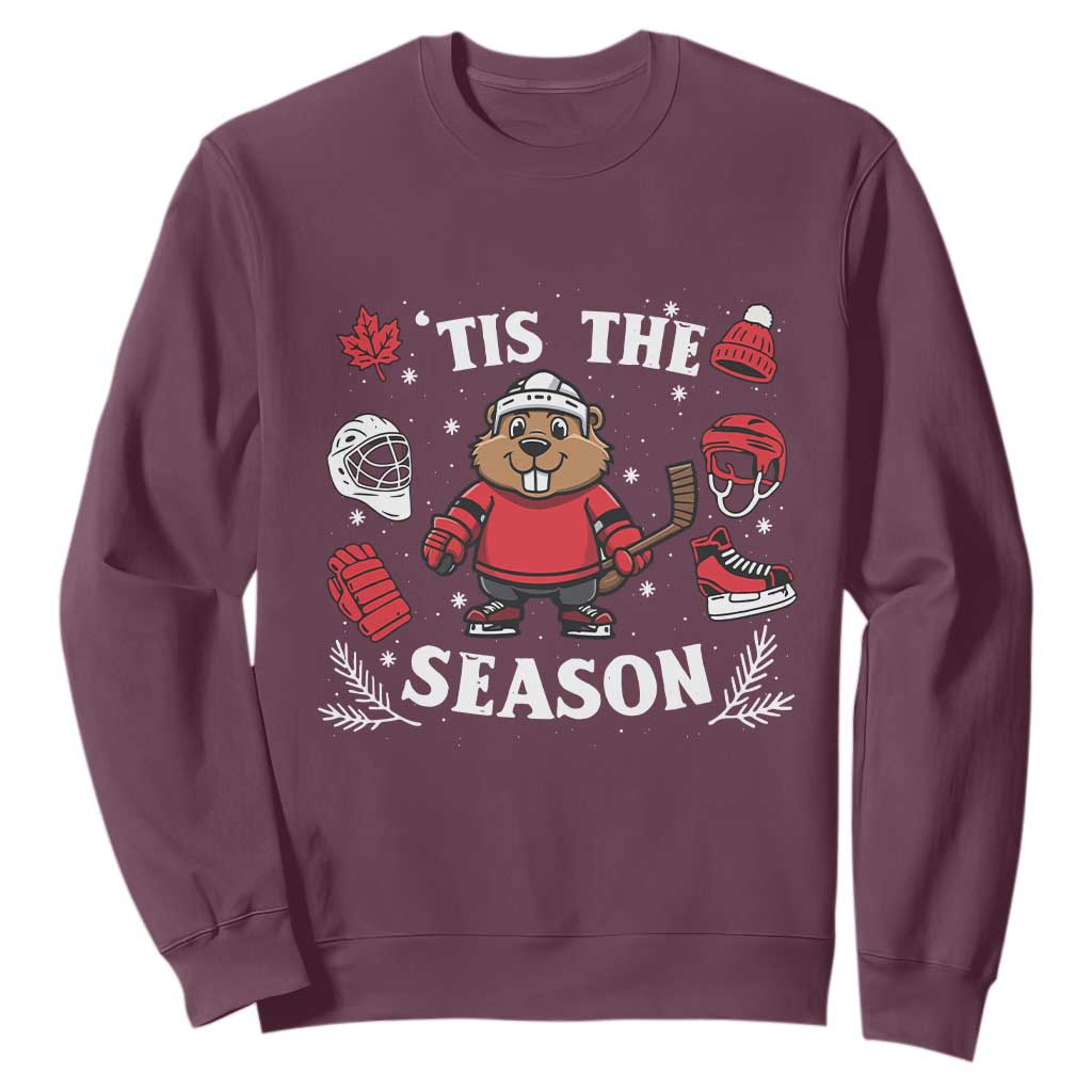 Canadian Ice Hockey Beaver Sweatshirt Tis The Season Holiday Gift TS12 Maroon Print Your Wear