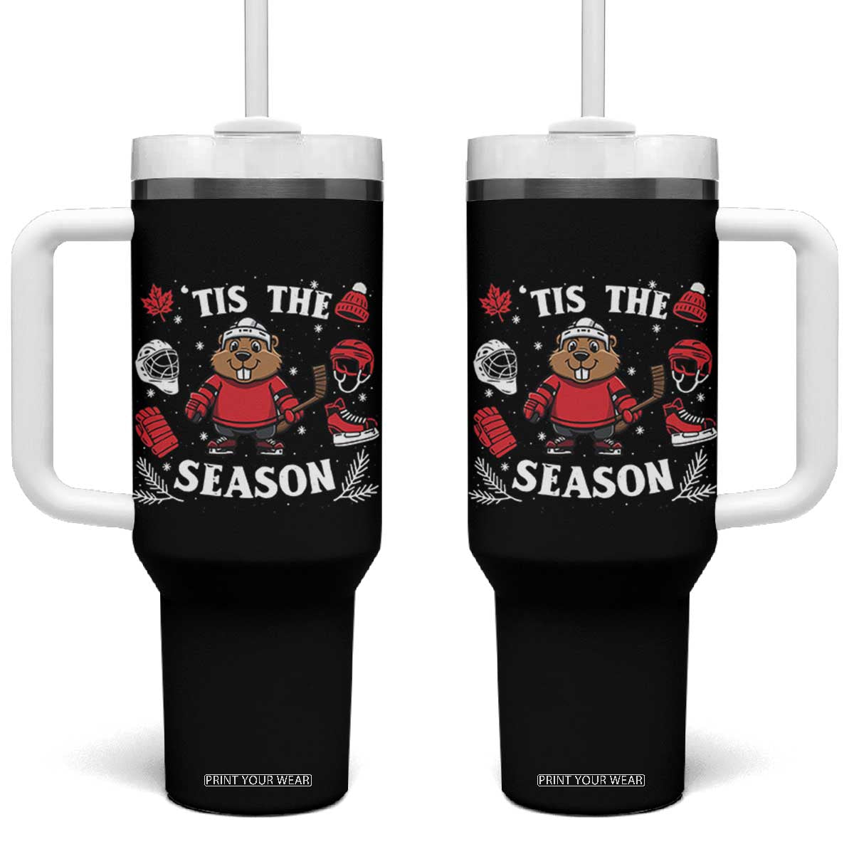 Canadian Ice Hockey Beaver Tumbler With Handle Tis The Season Holiday Gift TS12 One Size: 40 oz Black Print Your Wear