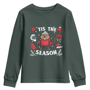 Canadian Ice Hockey Beaver Youth Sweatshirt Tis The Season Holiday Gift TS12 Dark Forest Green Print Your Wear