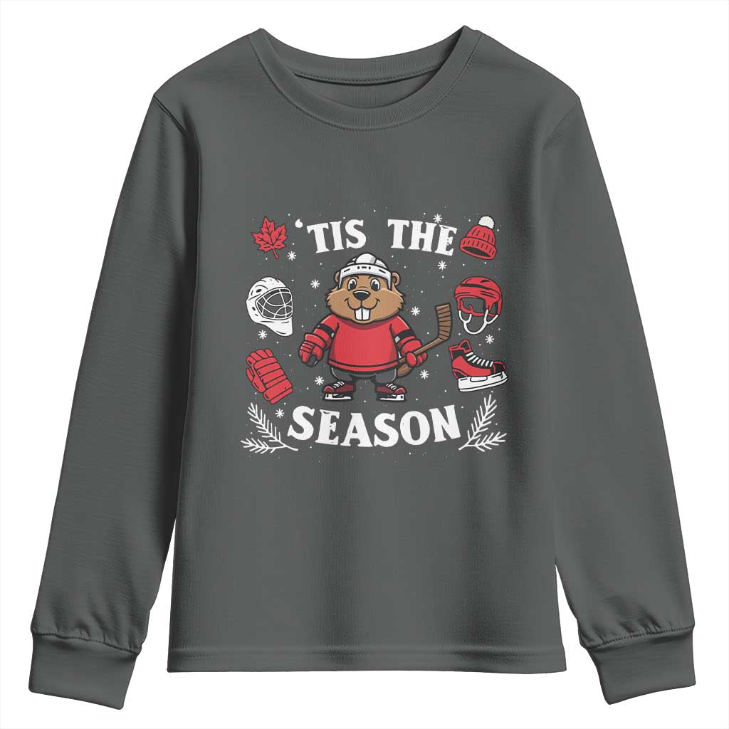 Canadian Ice Hockey Beaver Youth Sweatshirt Tis The Season Holiday Gift TS12 Dark Heather Print Your Wear