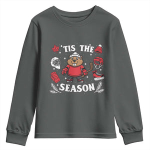 Canadian Ice Hockey Beaver Youth Sweatshirt Tis The Season Holiday Gift TS12 Dark Heather Print Your Wear