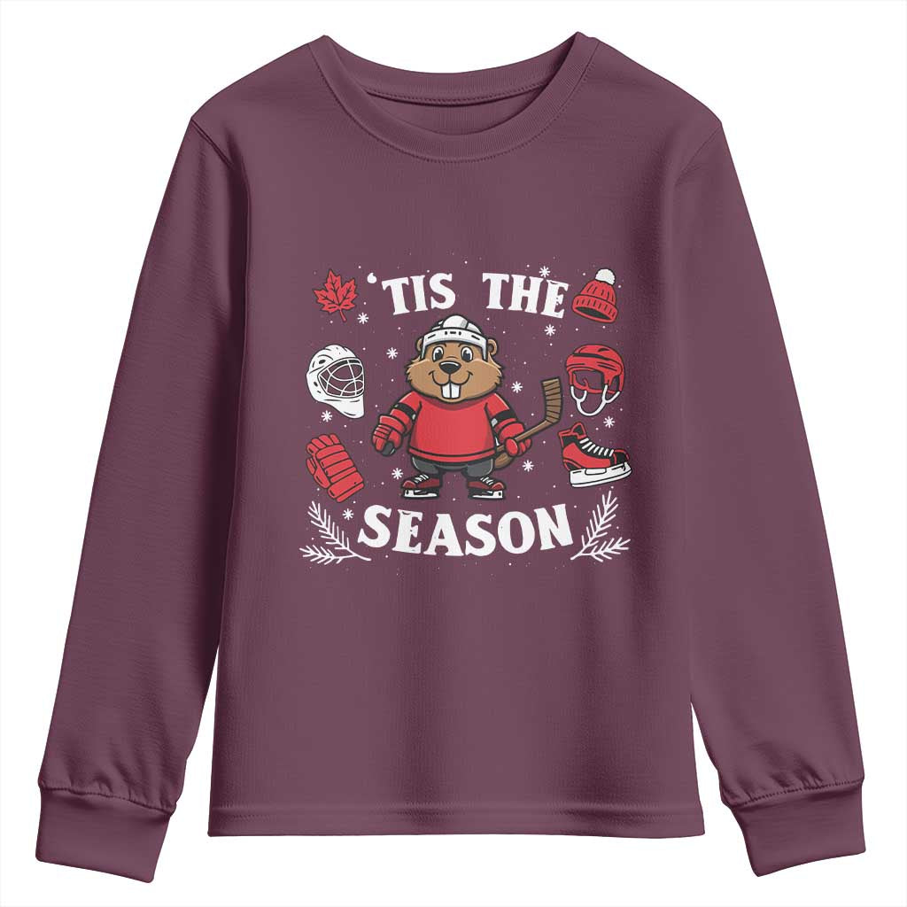 Canadian Ice Hockey Beaver Youth Sweatshirt Tis The Season Holiday Gift TS12 Maroon Print Your Wear