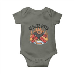 Funny Beaver Ice Hockey Goalie Gift Baby Onesie No Pucks Given TS12 Military Green Print Your Wear