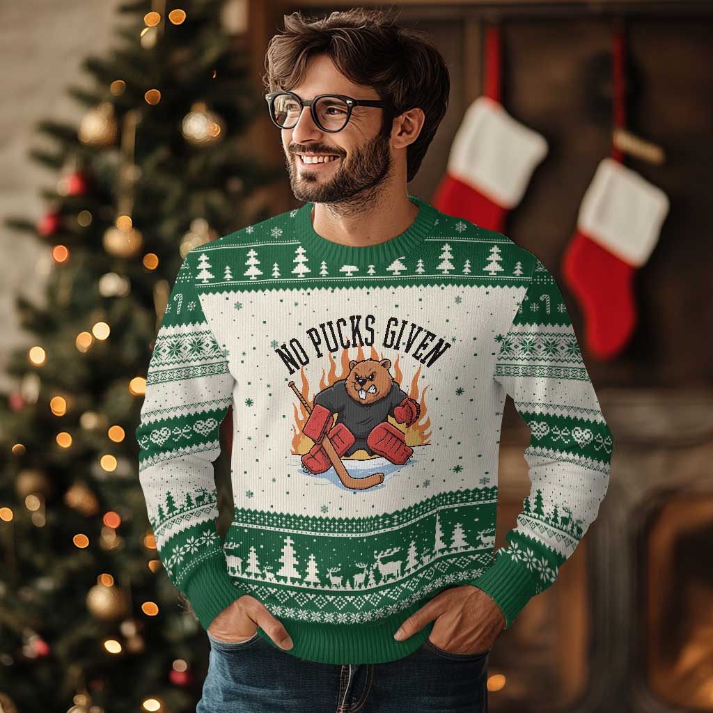 Funny Beaver Ice Hockey Goalie Gift Ugly Christmas Sweater No Pucks Given TS12 Beige Green Print Your Wear