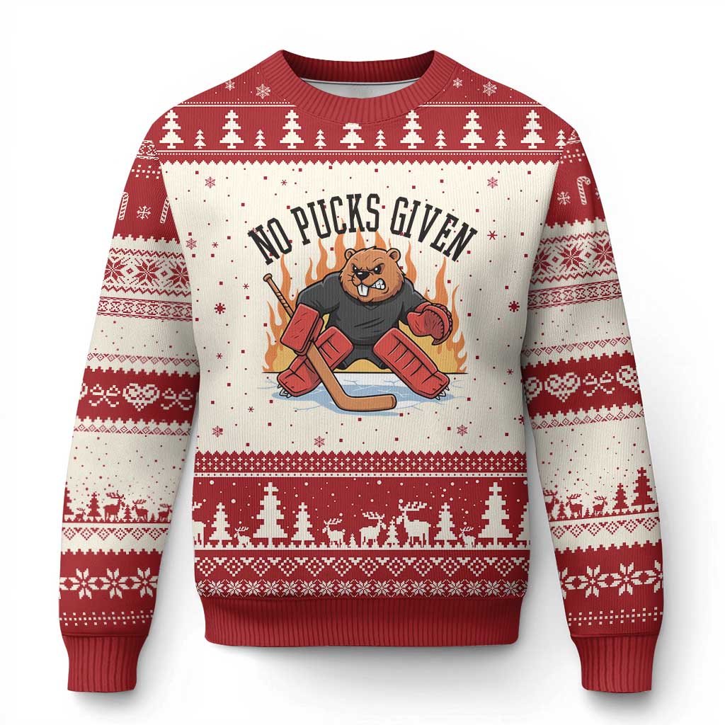 Funny Beaver Ice Hockey Goalie Gift Ugly Christmas Sweater No Pucks Given TS12 Beige Red Print Your Wear