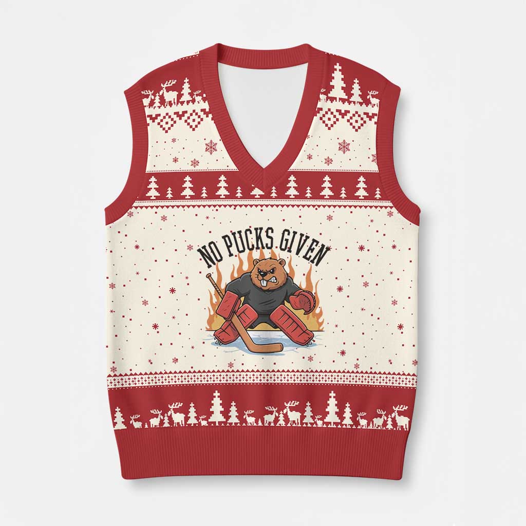 Funny Beaver Ice Hockey Goalie Gift V-Neck Knit Sweater Vest No Pucks Given TS12 Beige Red Print Your Wear