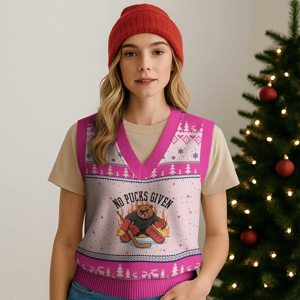Funny Beaver Ice Hockey Goalie Gift V-Neck Knit Sweater Vest No Pucks Given TS12 Hot Pink Print Your Wear