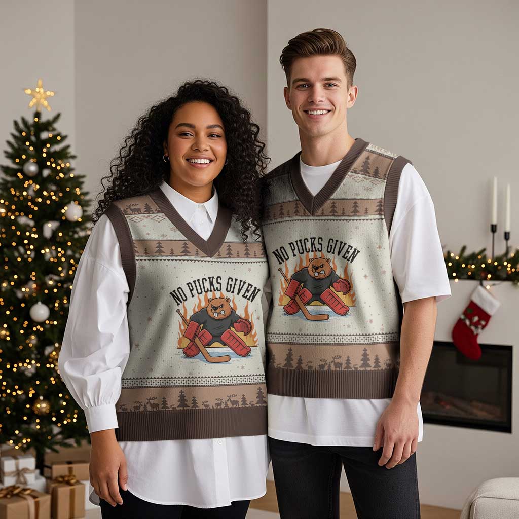 Funny Beaver Ice Hockey Goalie Gift V-Neck Knit Sweater Vest No Pucks Given TS12 Mocha Mousse Print Your Wear