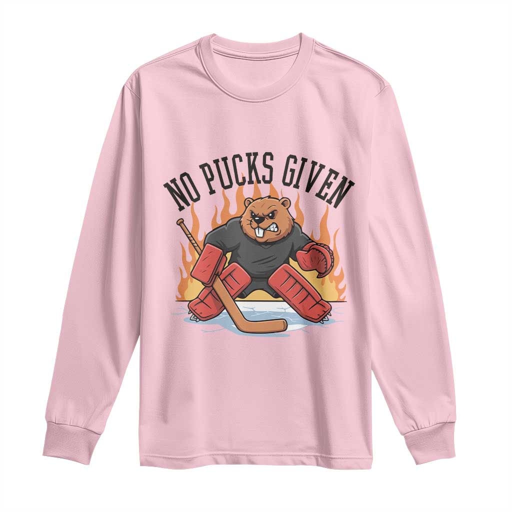 Funny Beaver Ice Hockey Goalie Gift Long Sleeve Shirt No Pucks Given TS12 Light Pink Print Your Wear