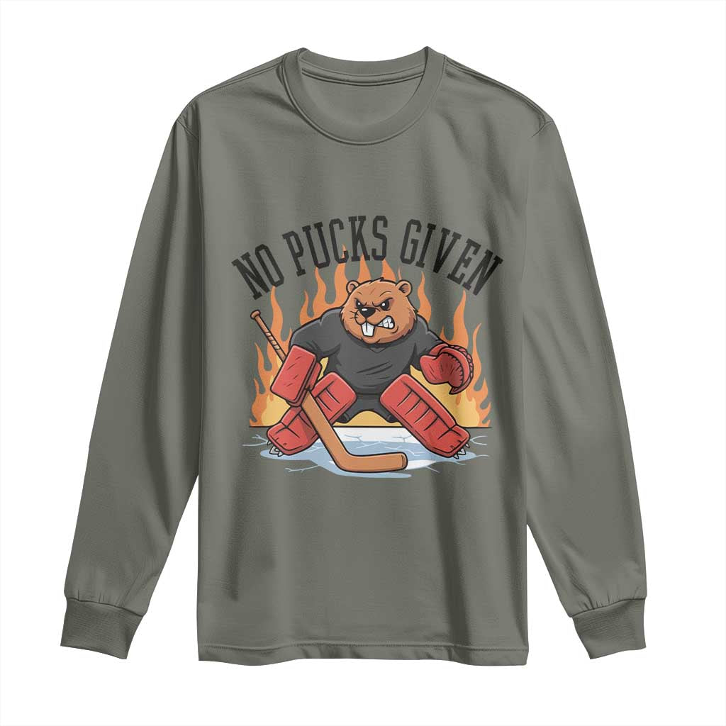 Funny Beaver Ice Hockey Goalie Gift Long Sleeve Shirt No Pucks Given TS12 Military Green Print Your Wear