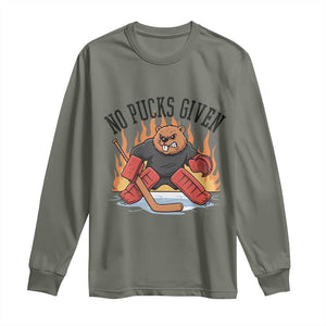 Funny Beaver Ice Hockey Goalie Gift Long Sleeve Shirt No Pucks Given TS12 Military Green Print Your Wear