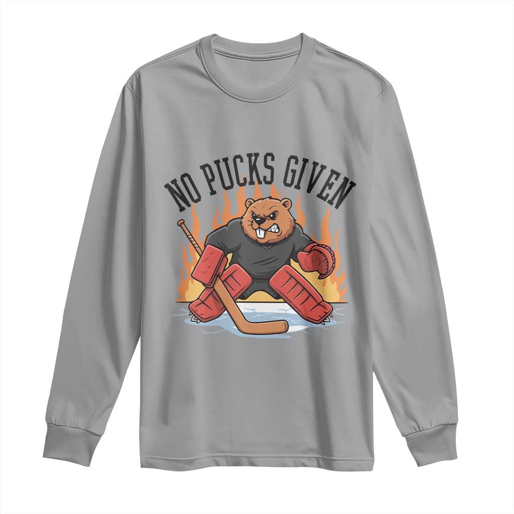 Funny Beaver Ice Hockey Goalie Gift Long Sleeve Shirt No Pucks Given TS12 Sport Gray Print Your Wear