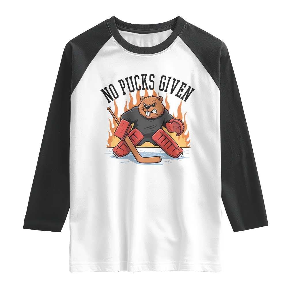 Funny Beaver Ice Hockey Goalie Gift Raglan Shirt No Pucks Given TS12 White Black Print Your Wear