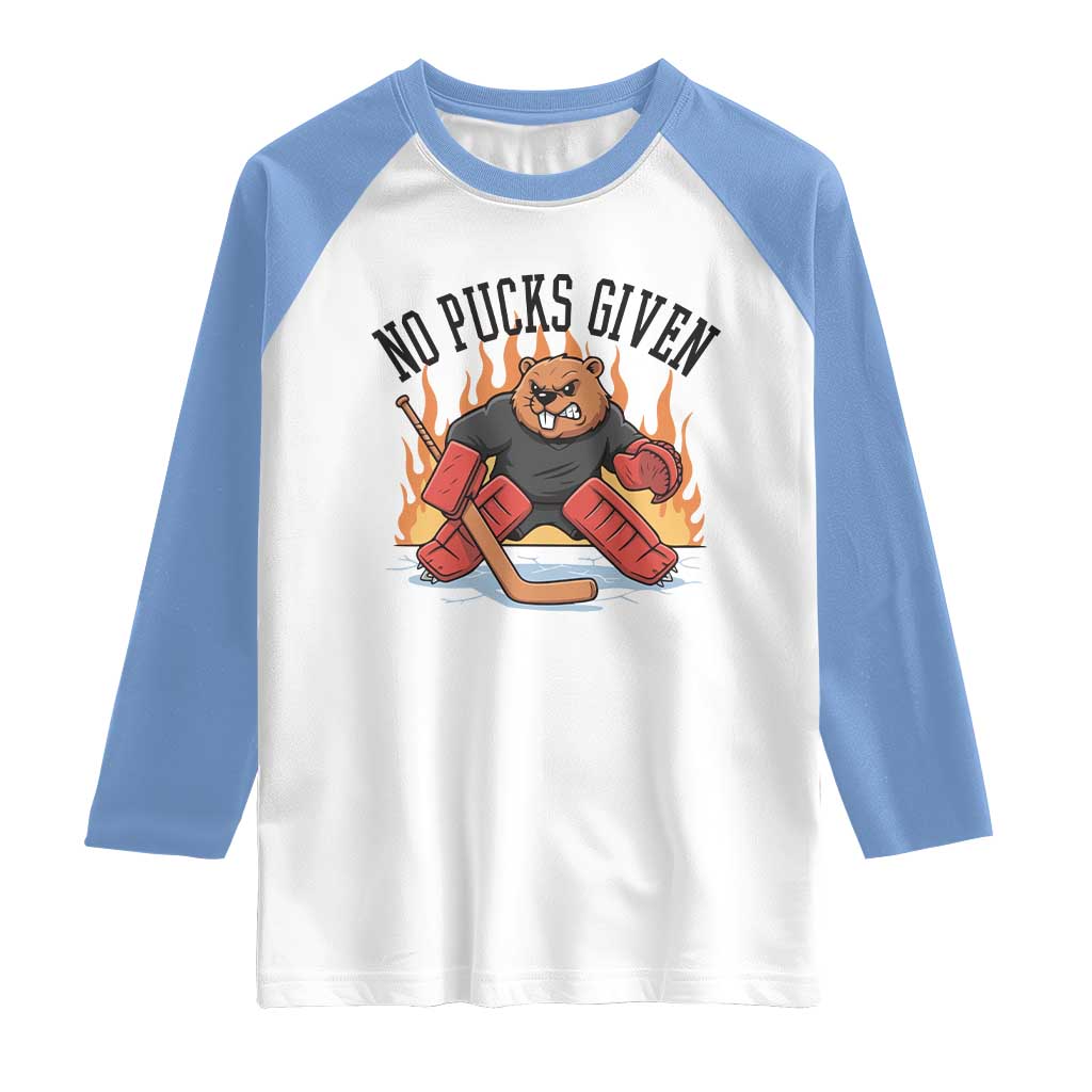 Funny Beaver Ice Hockey Goalie Gift Raglan Shirt No Pucks Given TS12 White Carolina Blue Print Your Wear