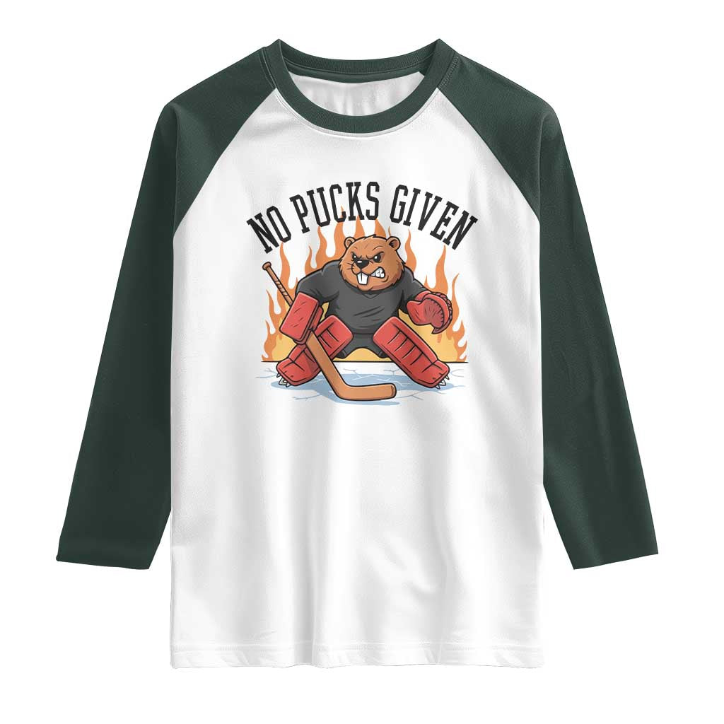 Funny Beaver Ice Hockey Goalie Gift Raglan Shirt No Pucks Given TS12 White Dark Forest Green Print Your Wear